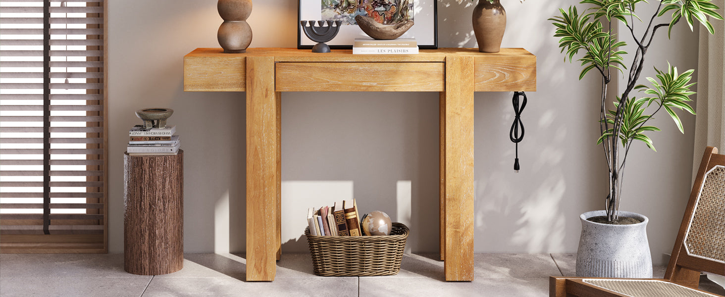 Rustic Console Table, Hidden Drawer, Side Power Outlet, Entryway Table, Natural