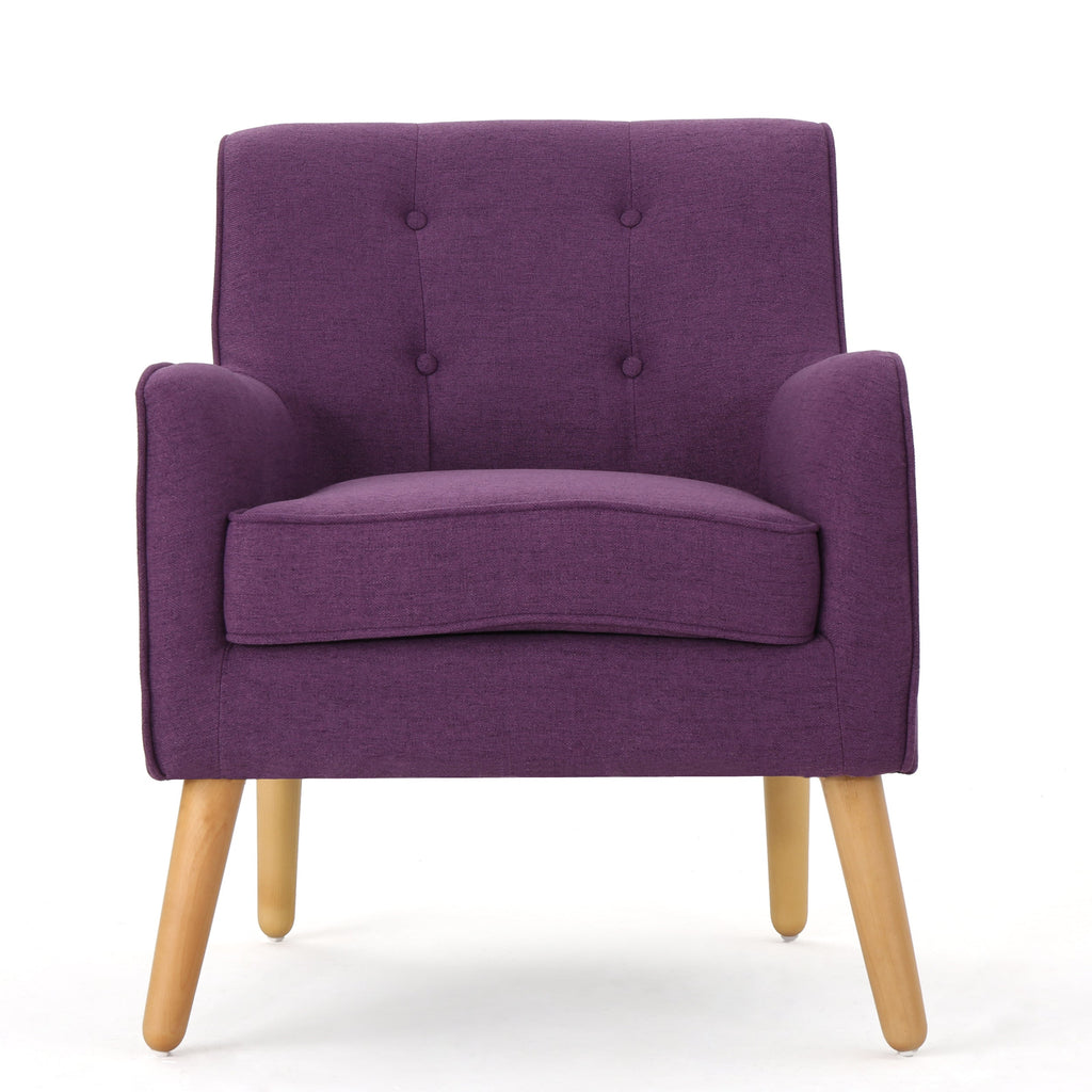 Mid-Century Modern Arm Chair with Tufted Back, Purple Fabric, Birch Wood Legs