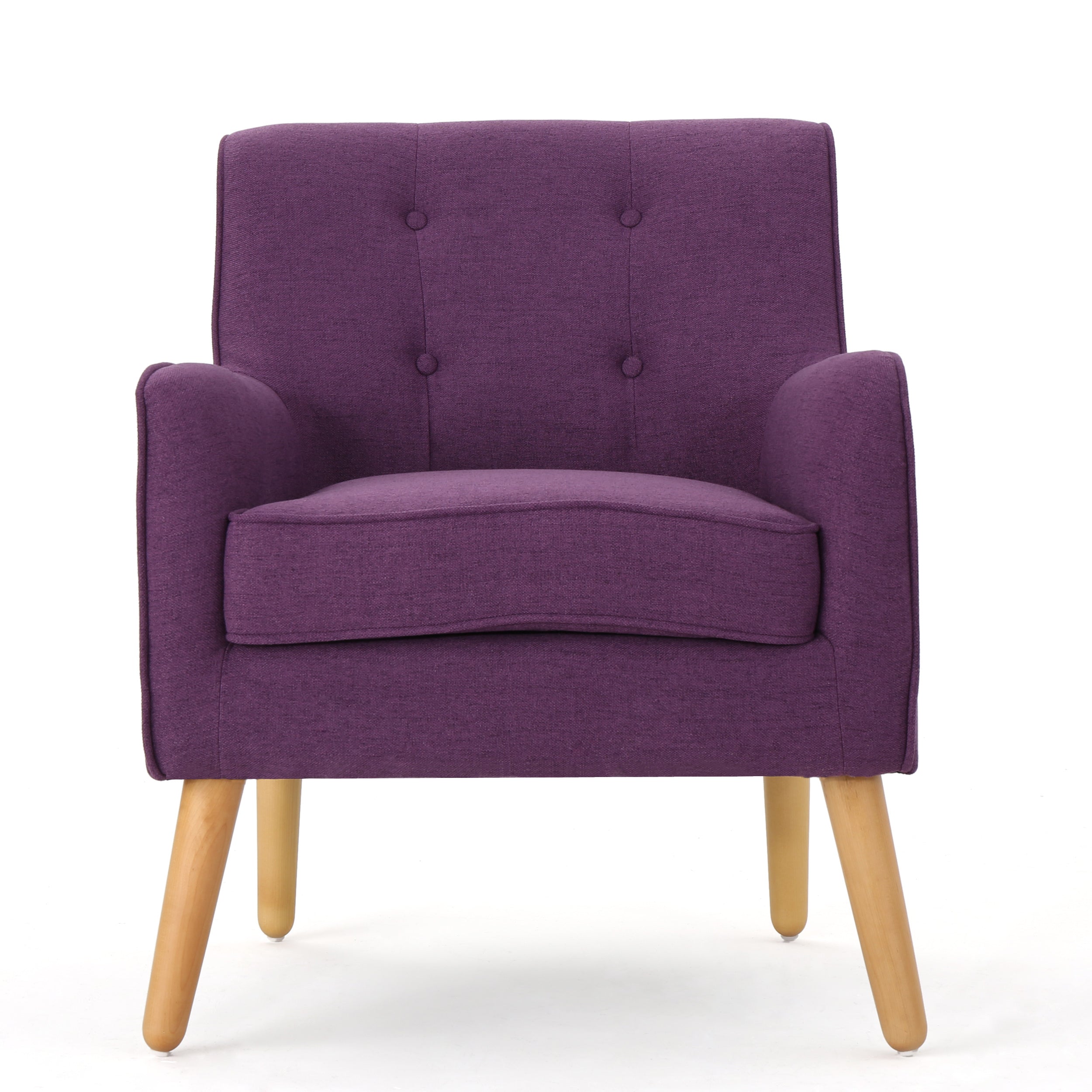 Mid-Century Modern Arm Chair with Tufted Back, Purple Fabric, Birch Wood Legs