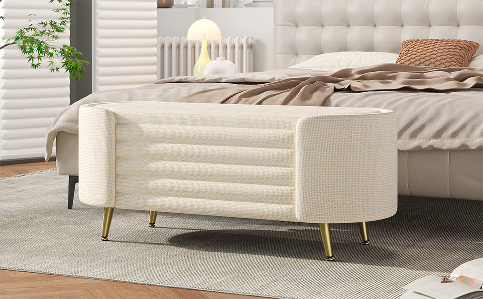 Storage Ottoman Modern Oval Beige Chenille with Metal Legs 44.9l X 18.3W X 18.5h