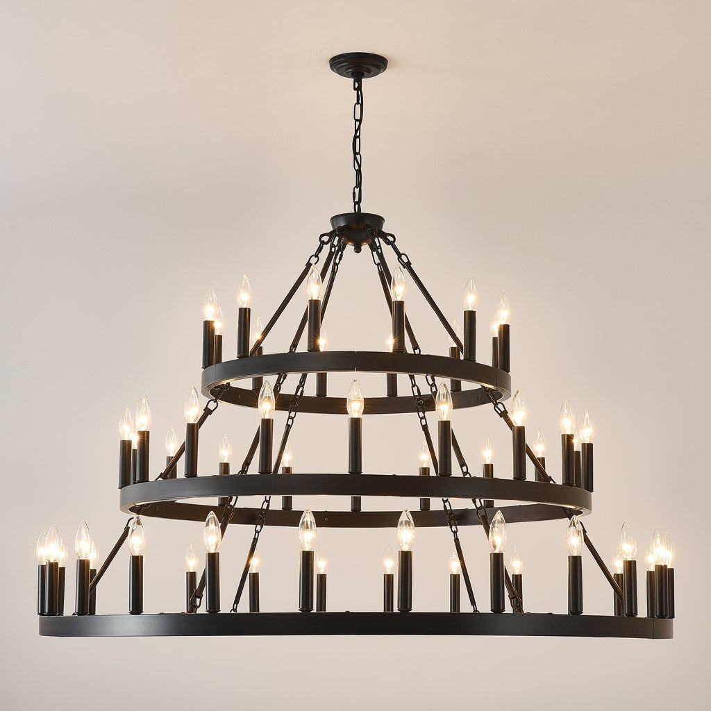 Chandelier Wagon Wheel 3-Tier 36-Light Black Metal 39.37 In Industrial