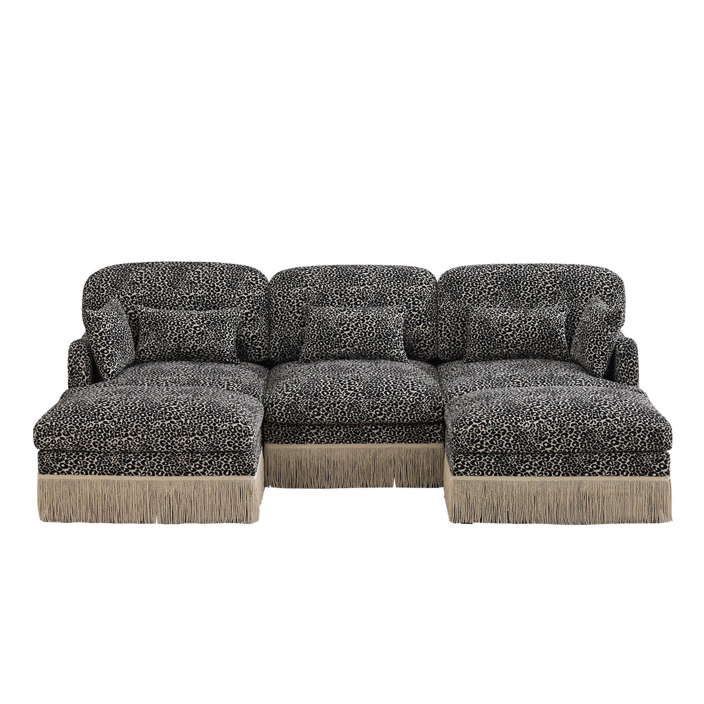 Sectional Sofa Modern Leopard Chenille Khaki Black 4-seater Deep Seat