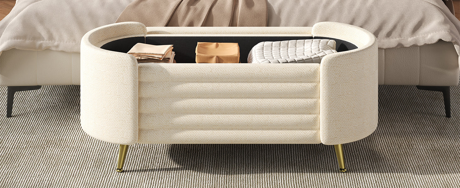 Storage Ottoman Modern Oval Beige Chenille with Metal Legs 44.9l X 18.3W X 18.5h