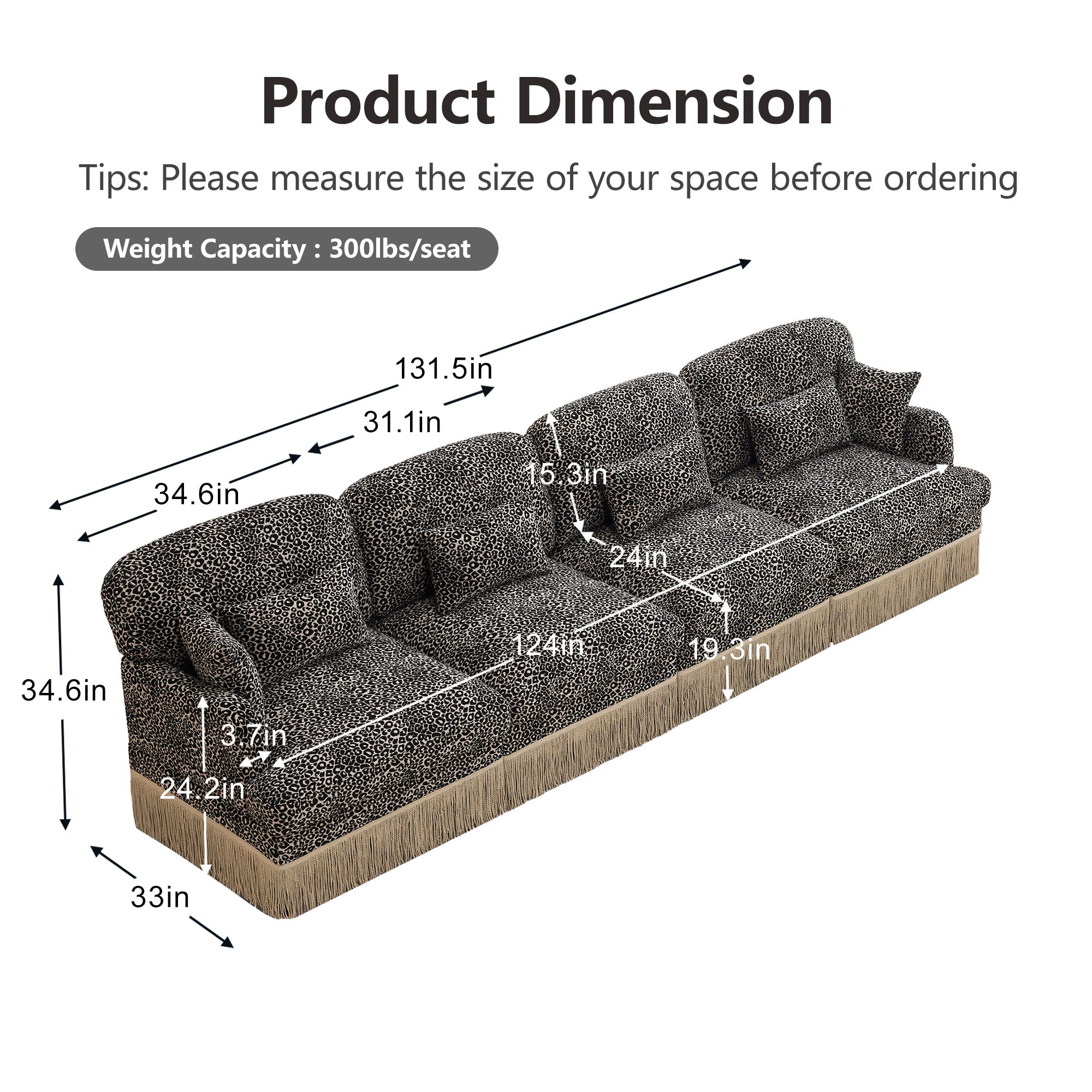 Sectional Sofa Modern Leopard Chenille Khaki Black 4-seater Deep Seat