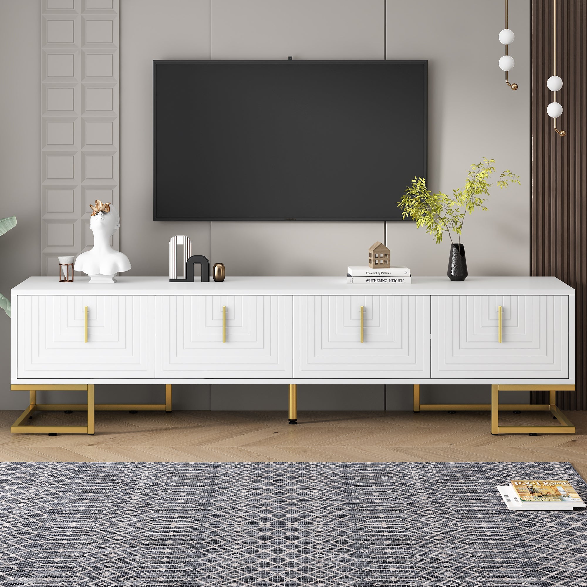TV Stand Modern White Gold Geometric Door MDF Adjustable Shelves Fits 80 In