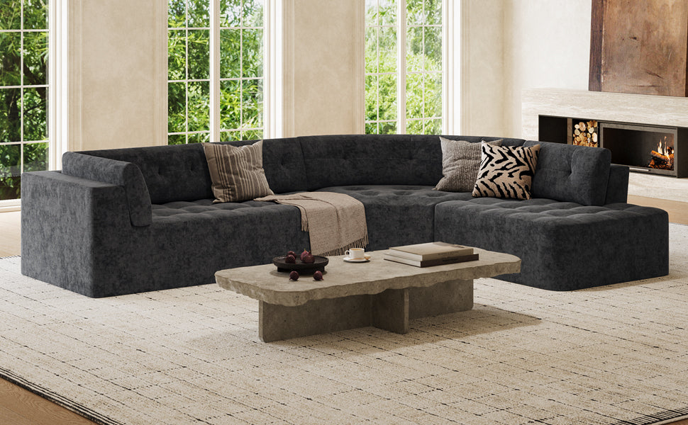 Sectional Sofa Curved L-Shape Chenille Gray 4 Seat 119 In Tufted