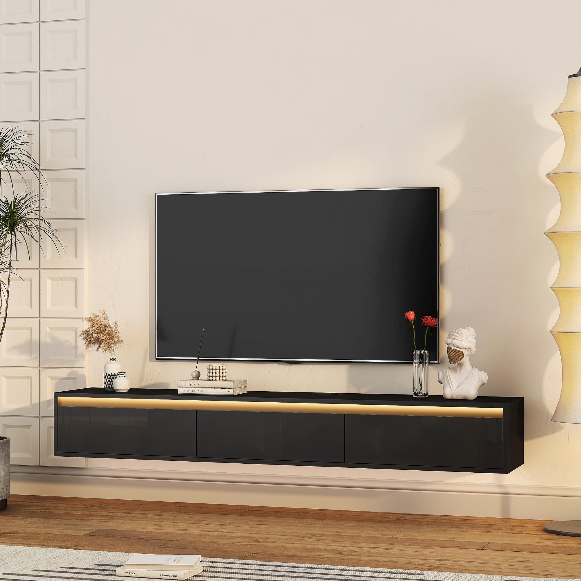 TV Stand Wall-Mounted Floating LED Black MDF 3 AC 2 USB Fits 65 In TV