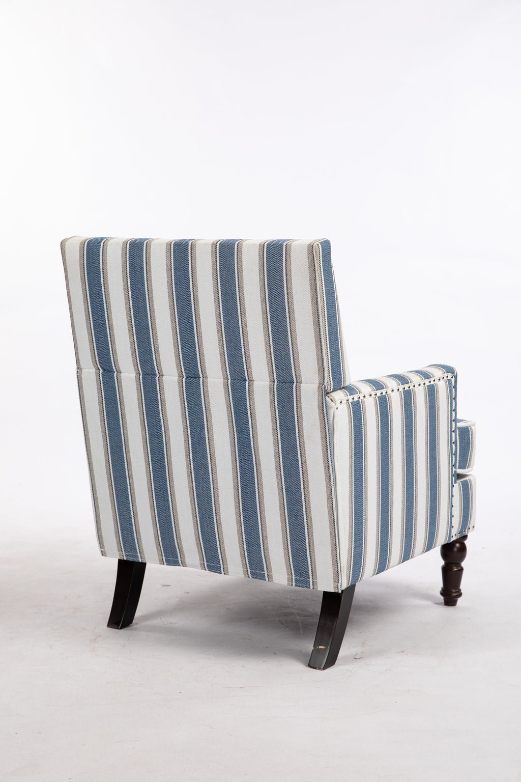 Accent Chair Vintage Striped Linen Blue White Nailhead Solid Wood Legs