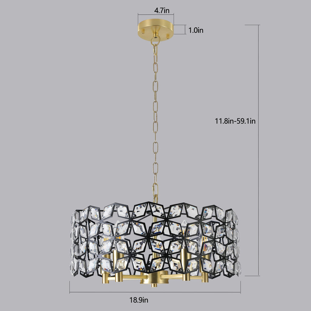 Chandelier Crystal Black Gold Round Pendant 5-Light Modern 19 In