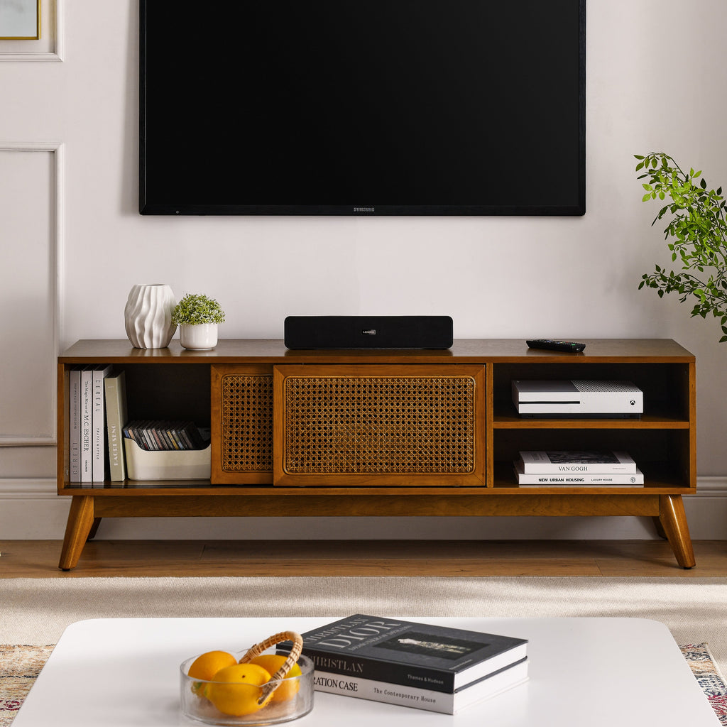 TV Stand Mid-Century Boho Rattan MDF Brown Ebony Sliding Door Fits 65 In TV