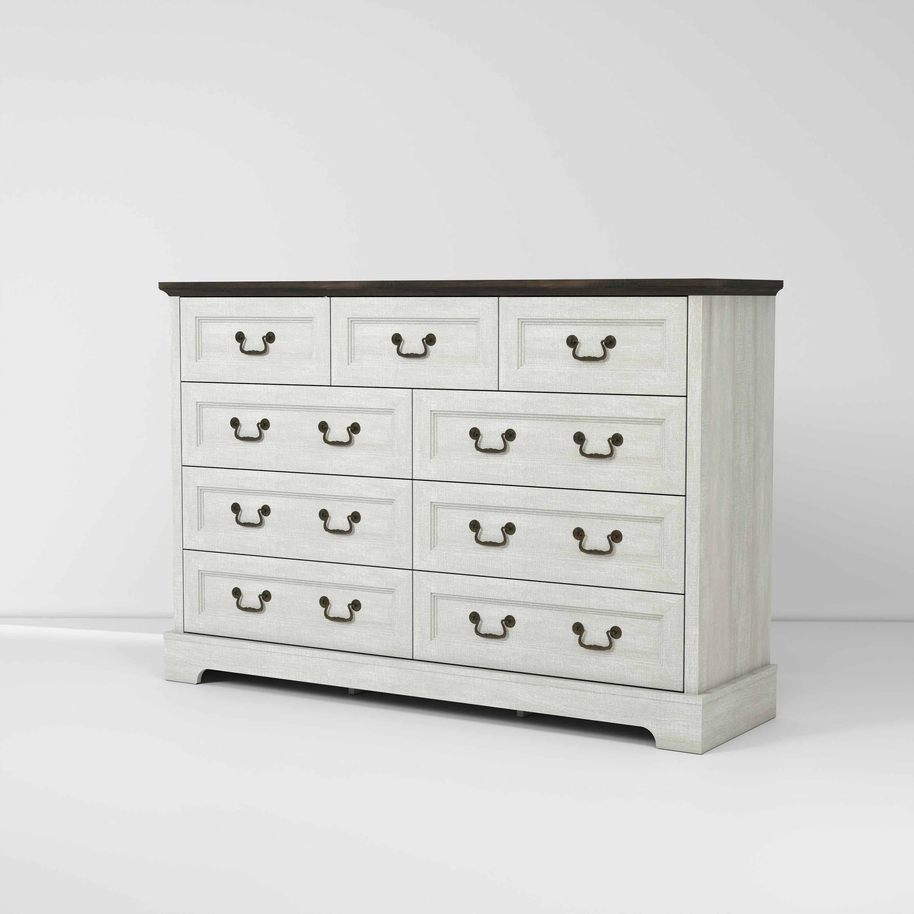 Dresser Farmhouse 9-Drawer Antique Gray MDF Brass Handles 55.1x37.2 In