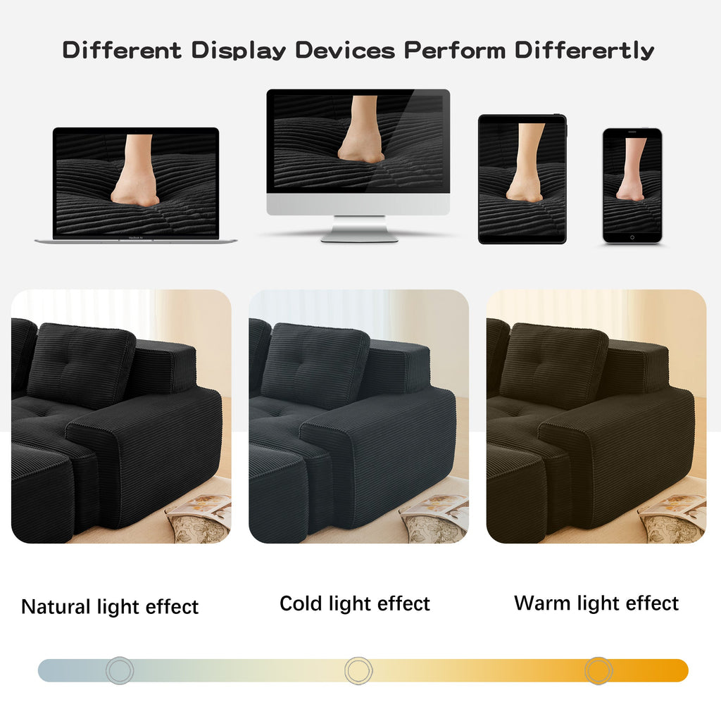 Sectional Sofa Modular Corduroy Black 3 Seater Tufted