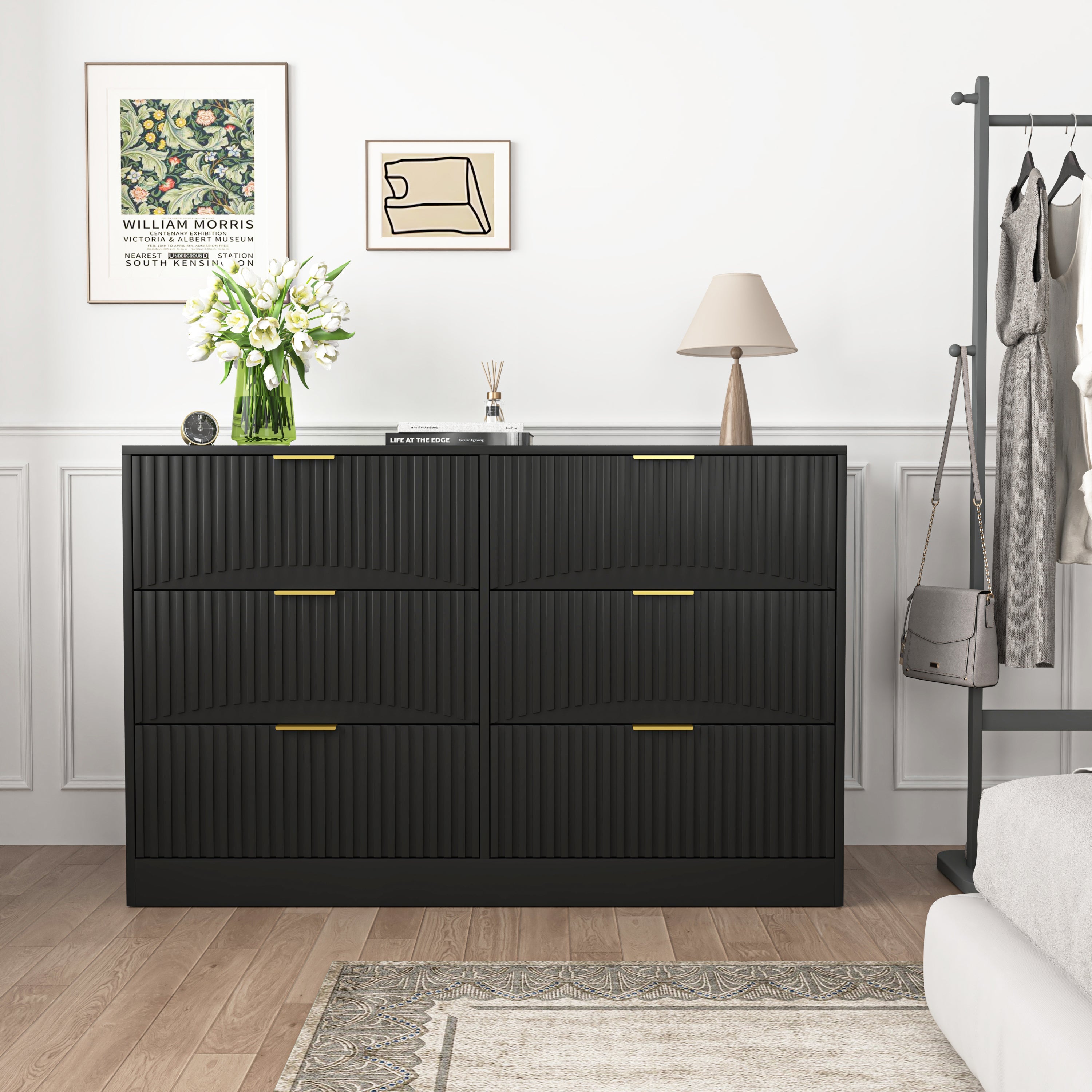 Dresser Modern 6-Drawer Black Particle Board 47.2x15.74x30.3 In