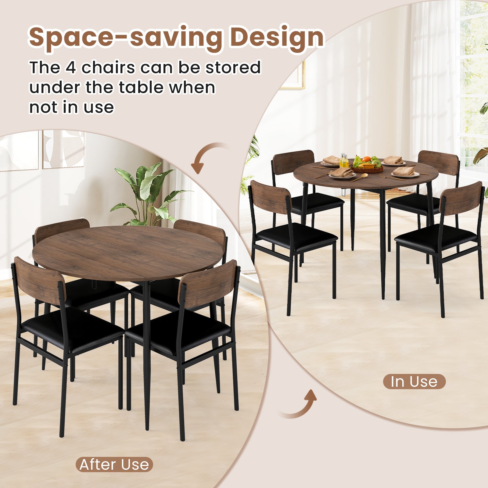 5-Piece Round Kitchen Table Set with Drop Leaf Tabletop and 4 Upholstered Dining Chairs-Brown