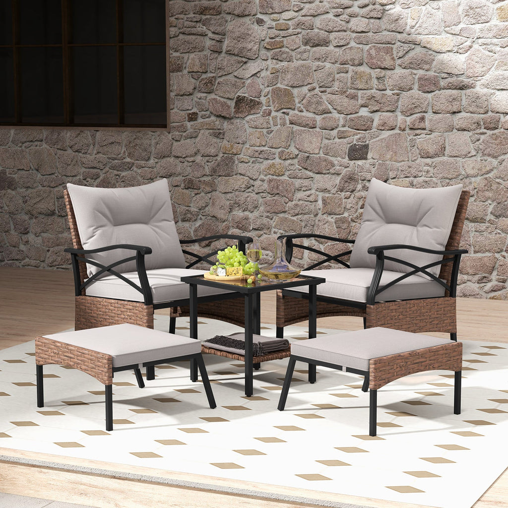 5 Pieces Wicker Patio Furniture Set Ottomans and Cushions and 2-Tier Tempered Glass Side Table-Brown