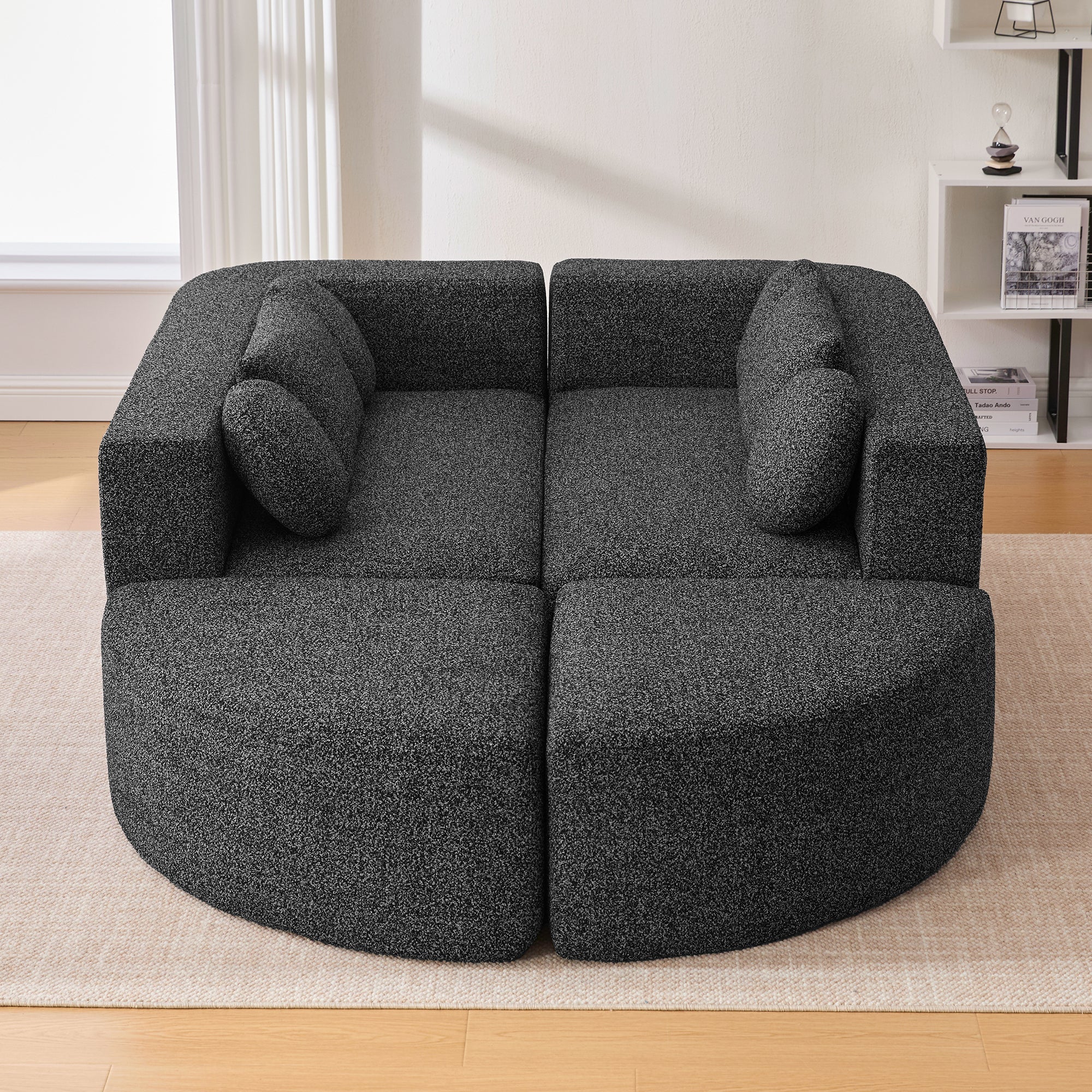Sectional Sofa U-Shape Modular Boucle Black 6-Seat Deep Seating 114.9x64.5 In