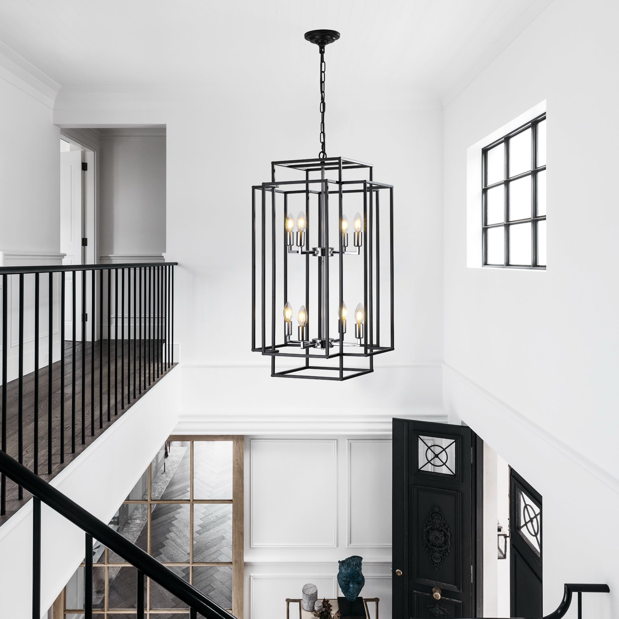 Chandelier 8-Light Black Chrome Geometric Industrial Metal Pendant 18 In