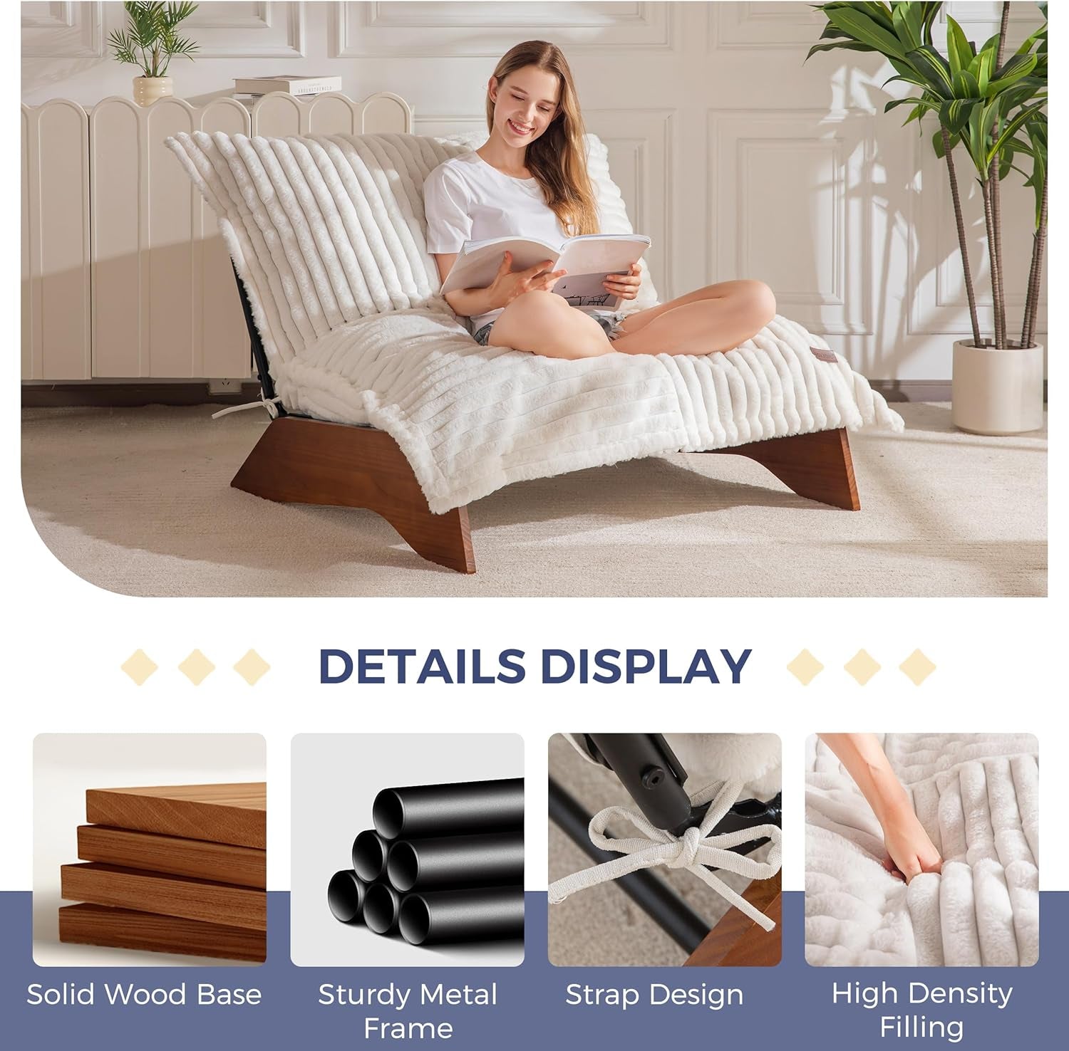 Beige Upholstered Living Room Chair Adjustable Backrest