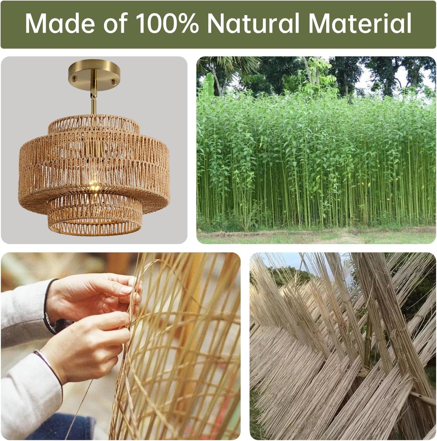Boho Rattan Chandelier Handwoven Pendant Light Natural