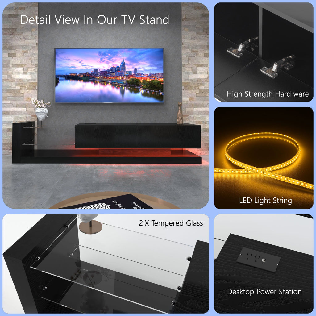 TV Stand LED Black Particle Board Tempered Glass Shelves Fits 75 In TV
