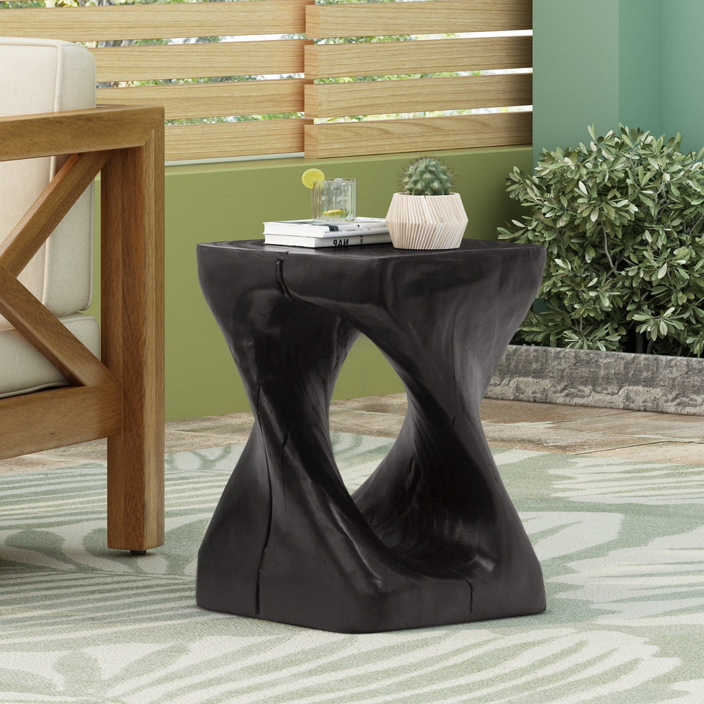 MGO Twist Shape Side Table, Wood-like Texture, Black, 11.75x11.75x16 in