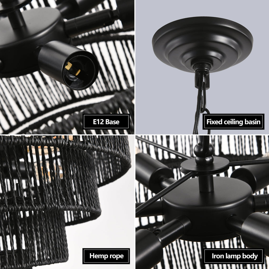 Chandelier 4-Tier Black Hemp Rope Pendant 6-Light Boho 20 In Dining