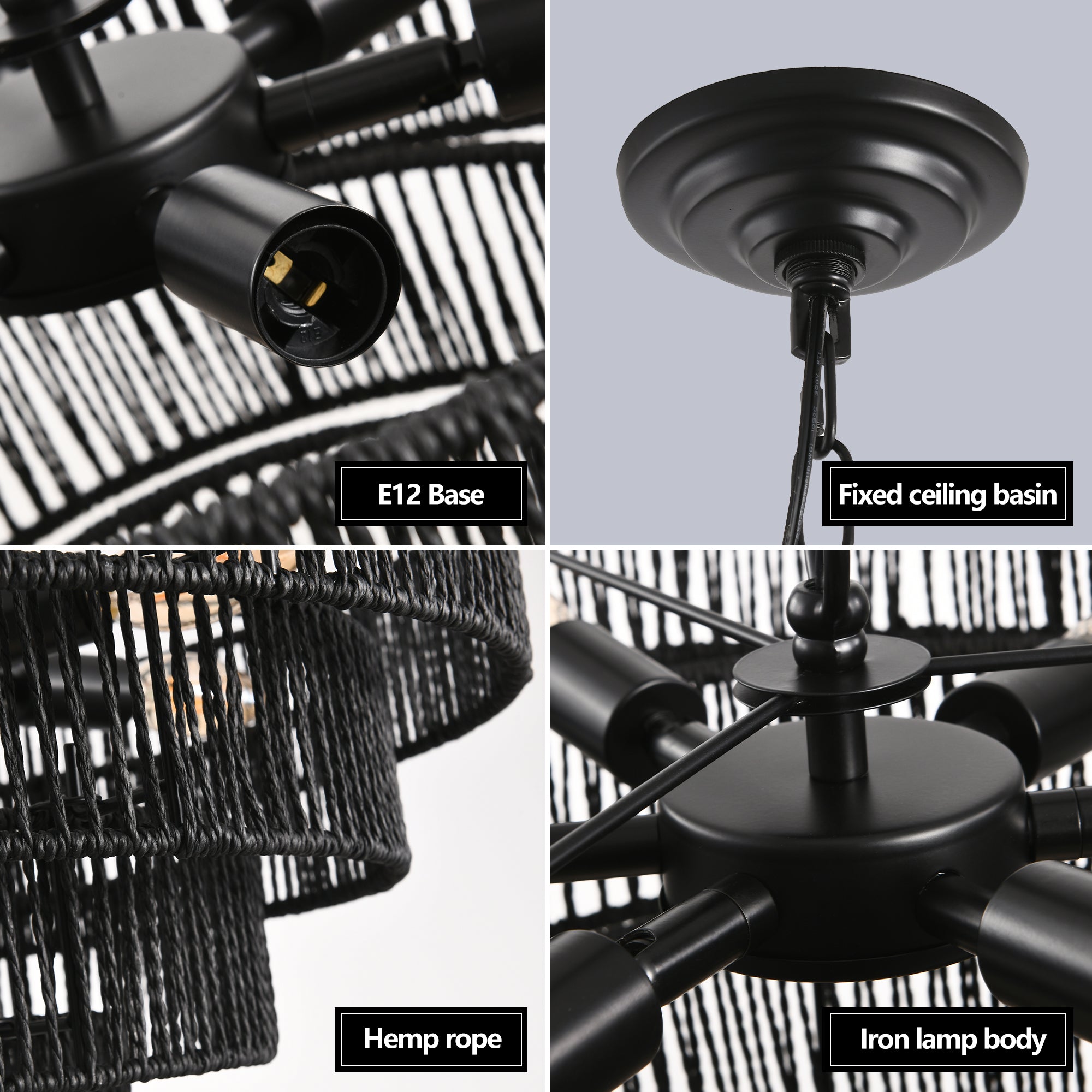 Chandelier 4-Tier Black Hemp Rope Pendant 6-Light Boho 20 In Dining