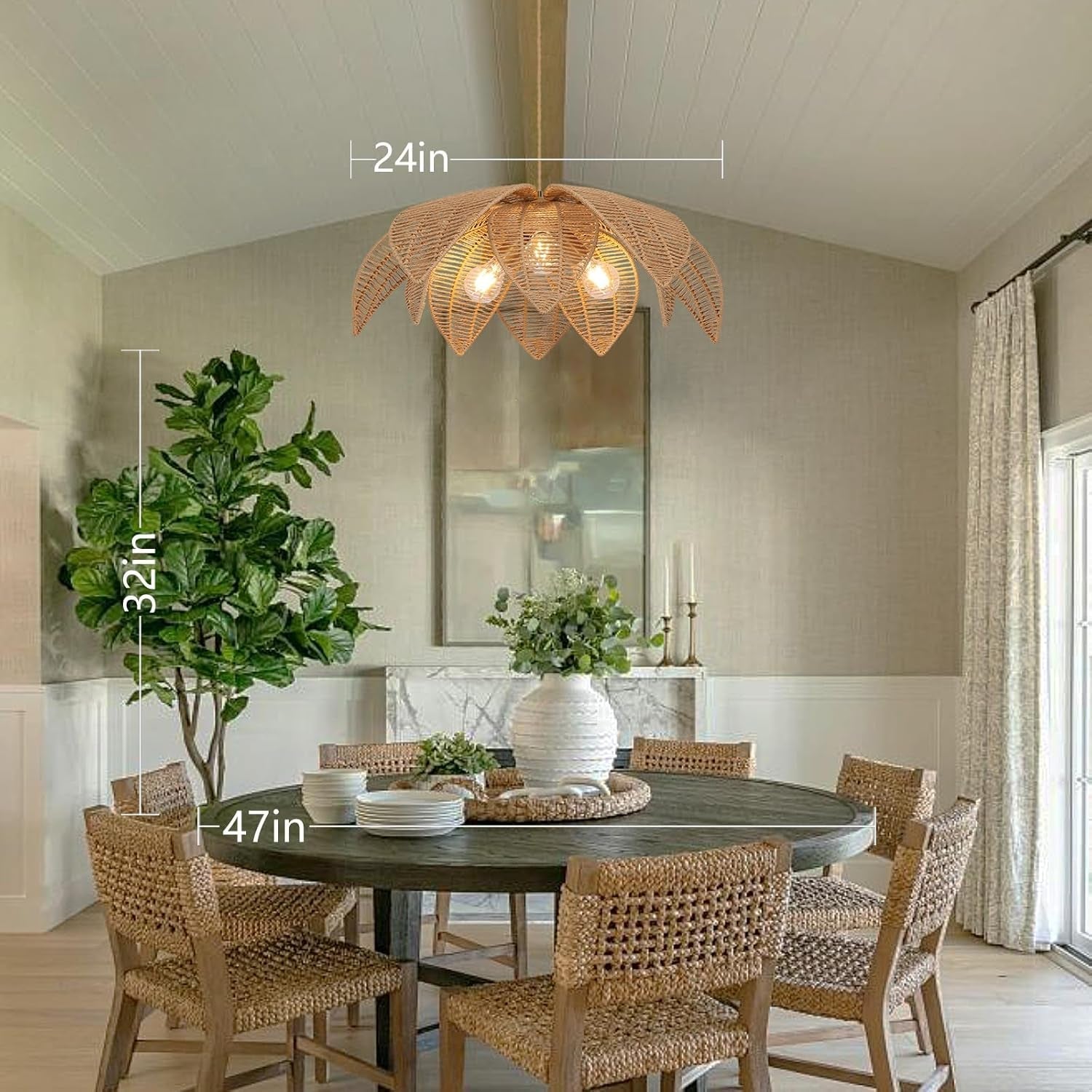 Handwoven Rattan Chandelier 24 Inch Pendant Light Fixture