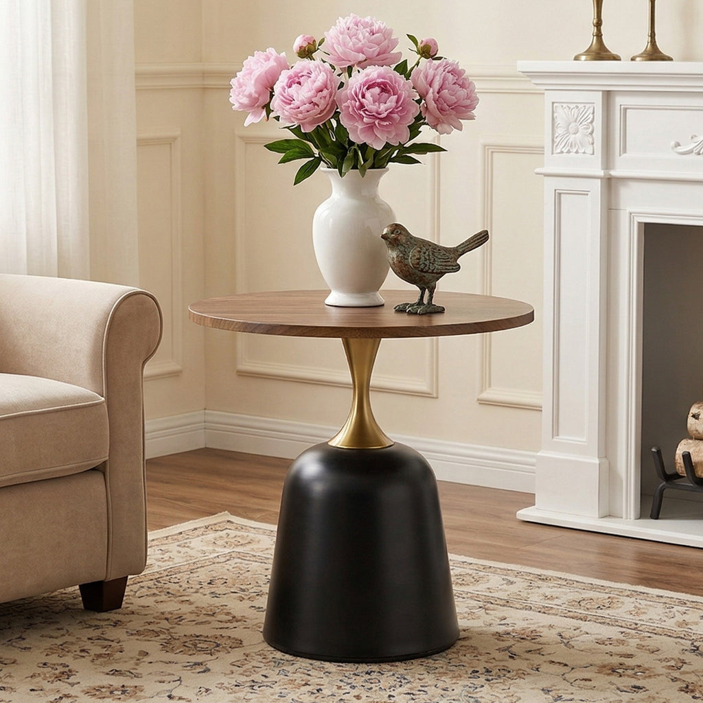 23.6 in Round Side Table, Metal Base, Walnut Wood Grain, Living Room Office