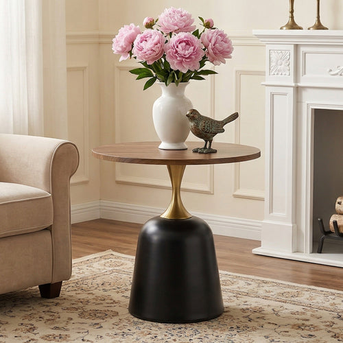 23.6 in Round Side Table, Metal Base, Walnut Wood Grain, Living Room Office
