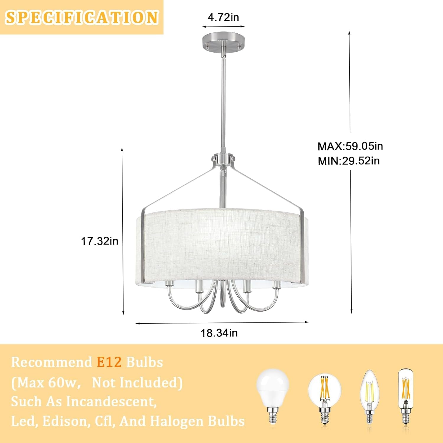 5 Light Drum Chandelier 18 Inch Brushed Nickel Fixture