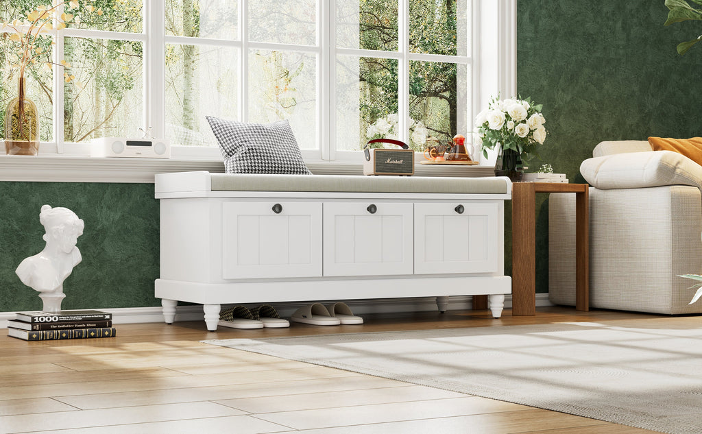 Entry Bench Fluted MDF White Cushioned Seat 3 Drawers 44x16x19 In 220 LB