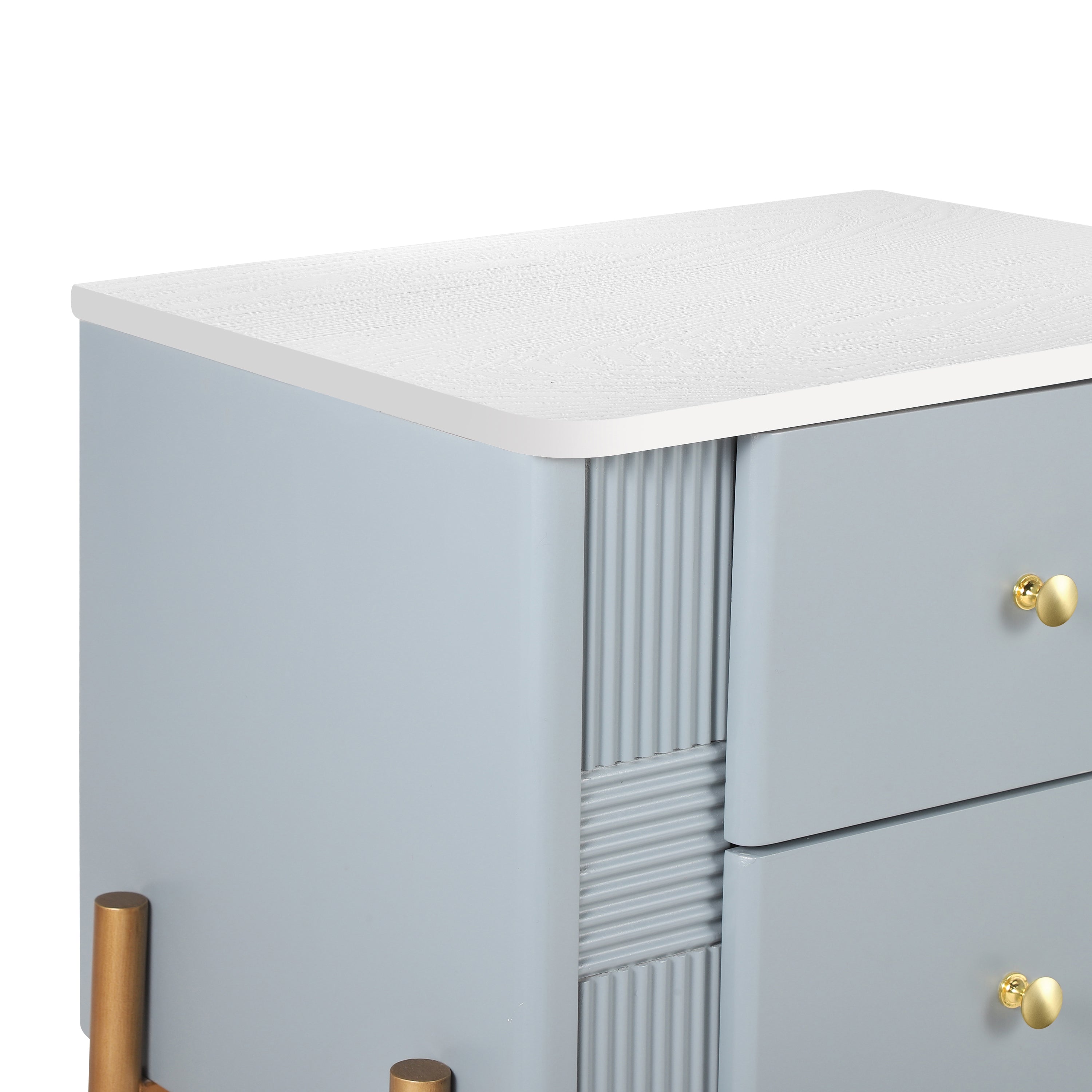 Modern Fluted Nightstand with 2 Drawers, Gold Metal Legs and Handles, Blue