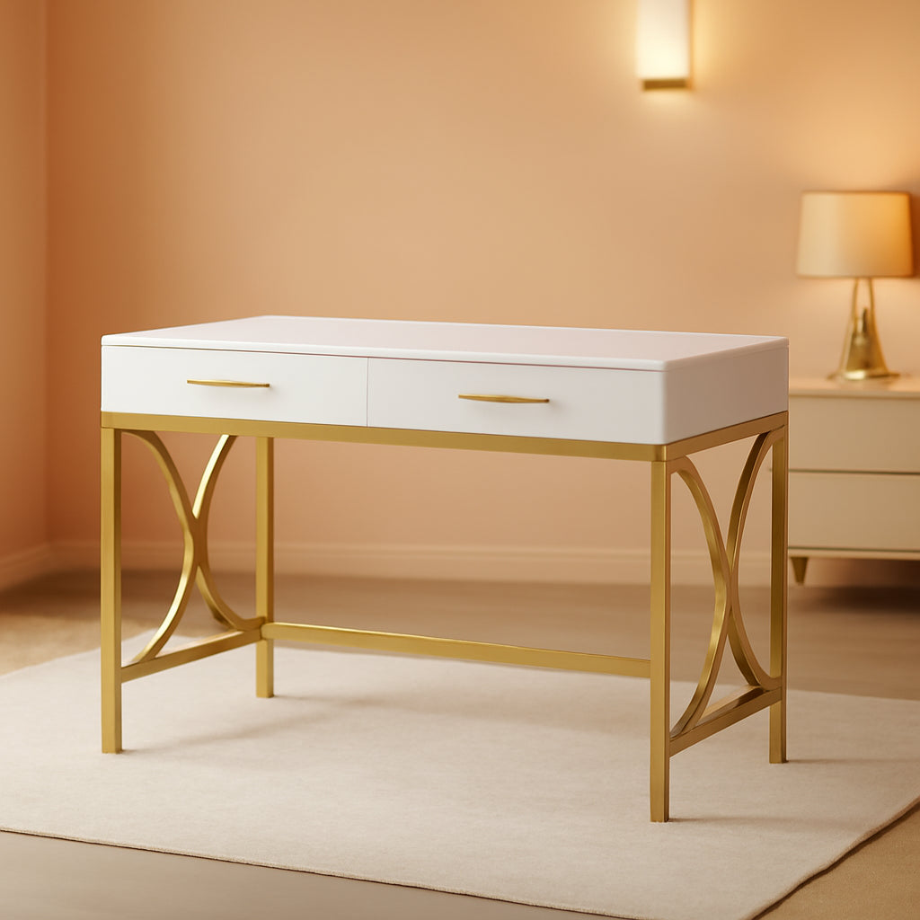 41 Inch White And Gold Computer Desk With 2 Drawers