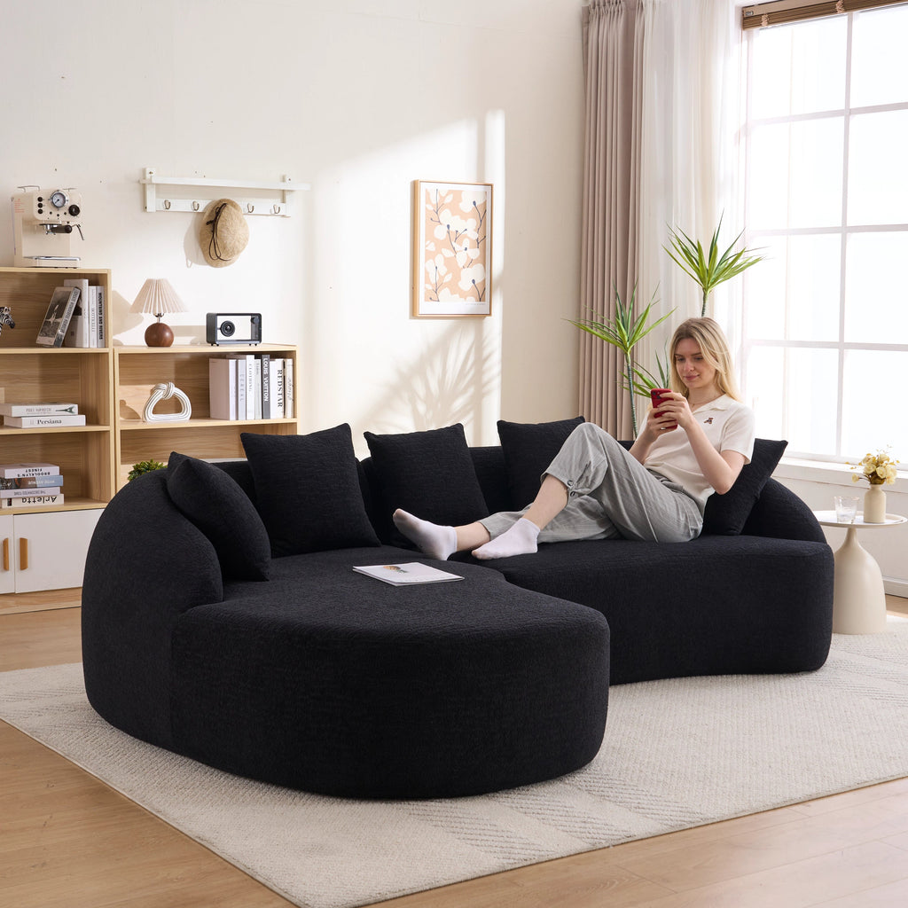Sectional Sofa l Shaped with Curved Chaise Black Chenille Sleeper