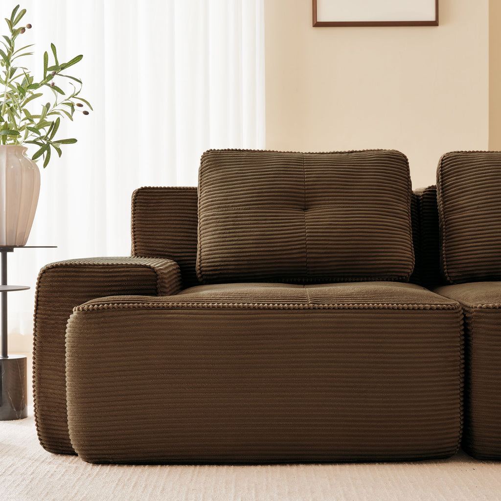 Sectional Sofa L-Shape Corduroy Brown 3 Seat Modular with Ottoman