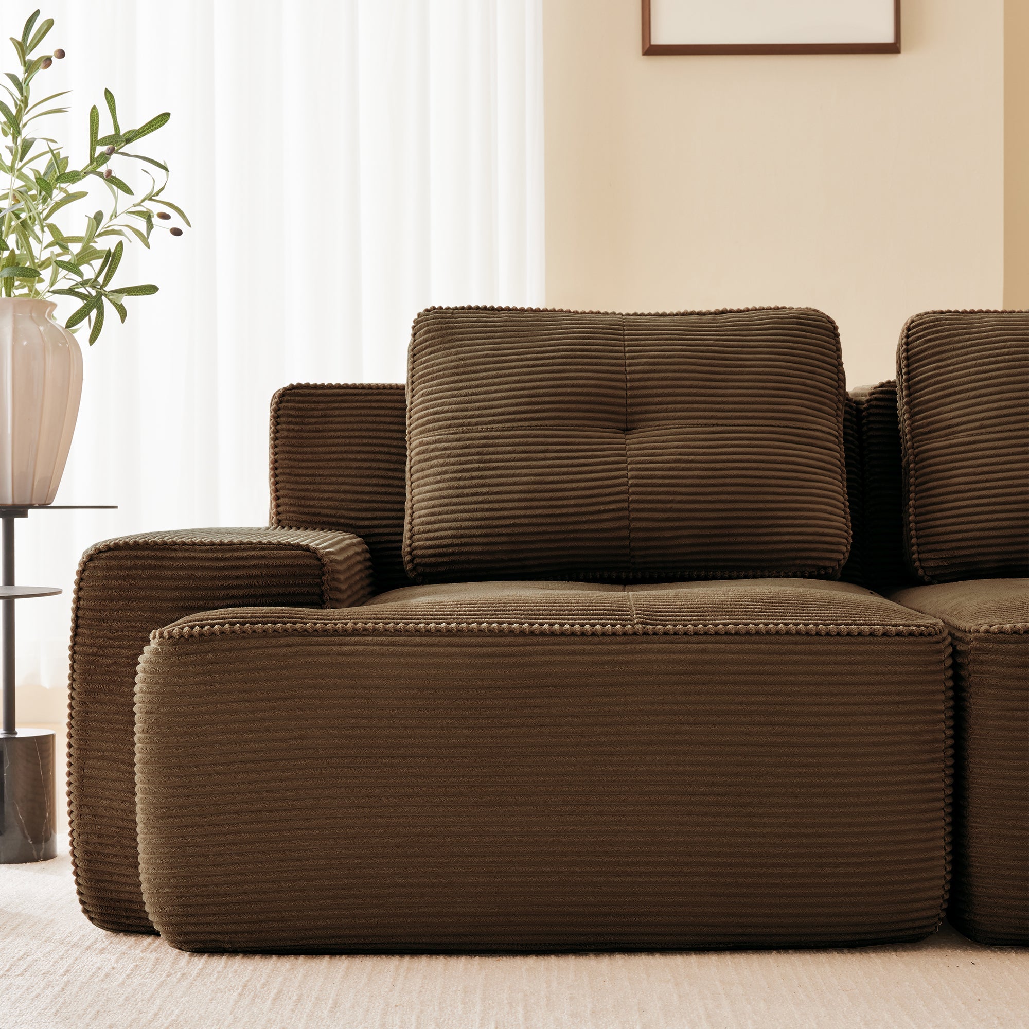 Sectional Sofa L-Shape Corduroy Brown 3 Seat Modular with Ottoman