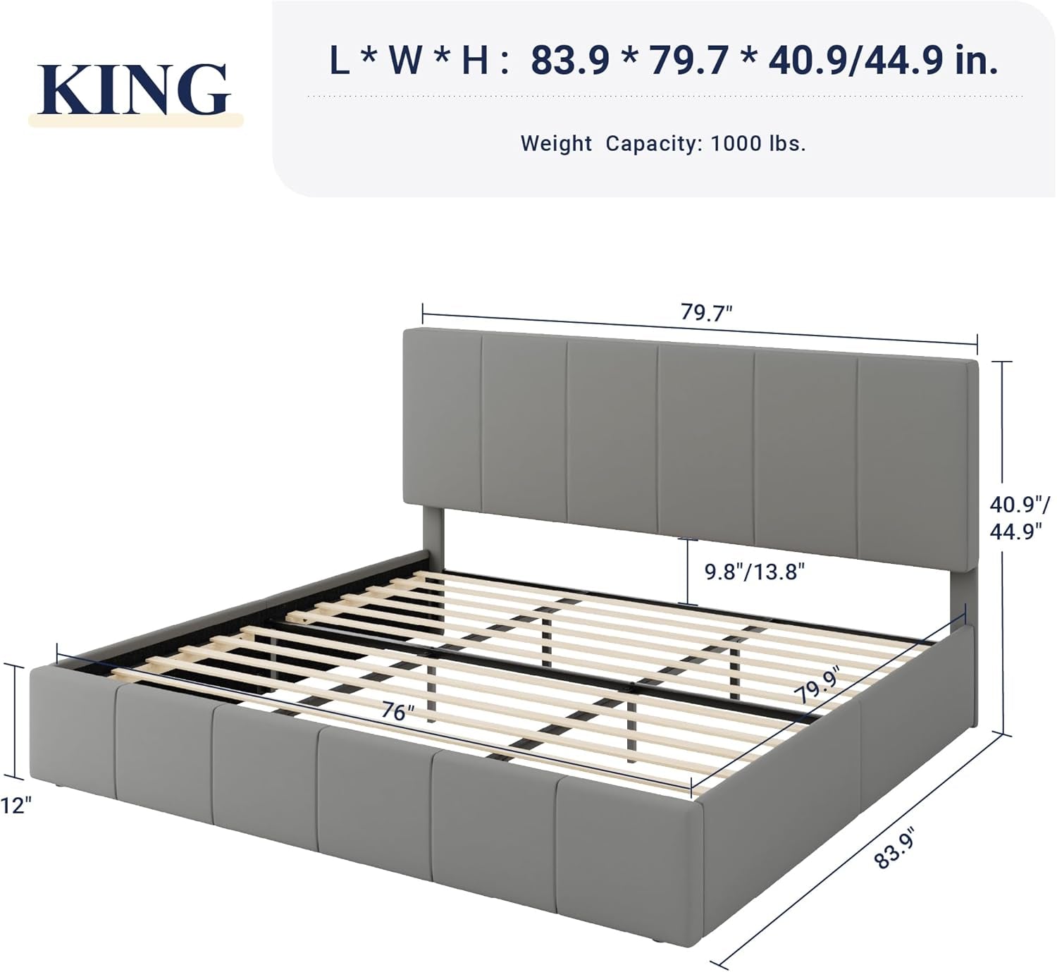 King Size Grey Velvet Upholstered Platform Bed Frame