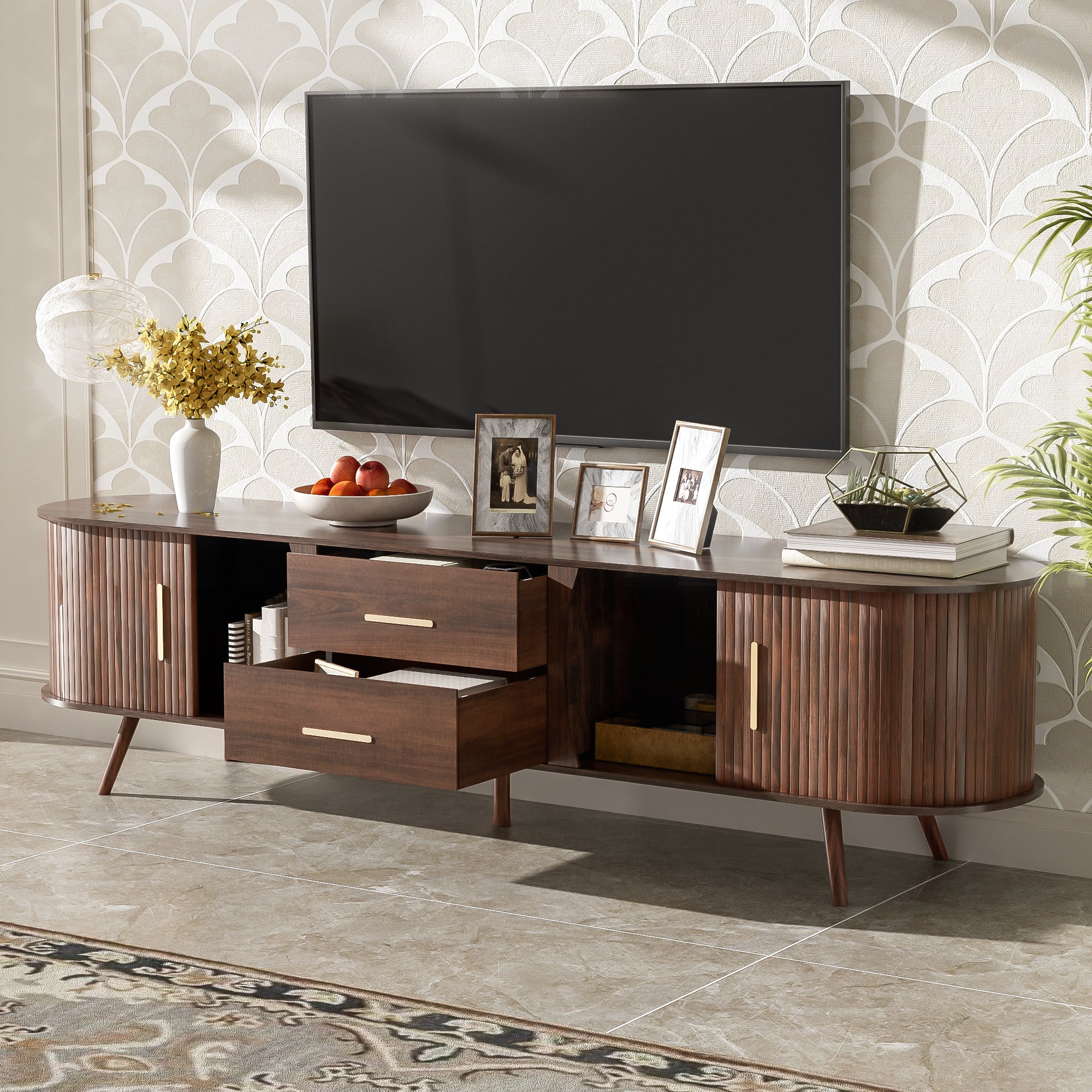 TV Stand Mid-Century Dark Brown Solid Wood Sliding Door Fits 80 In TV 70.8 In