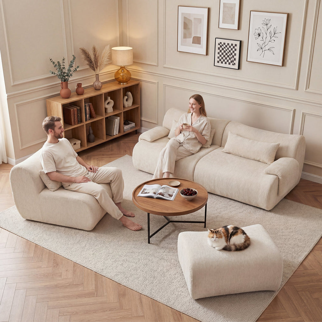 Sofa Curved White 3 Seater with Anti Slip No Assembly Chaise