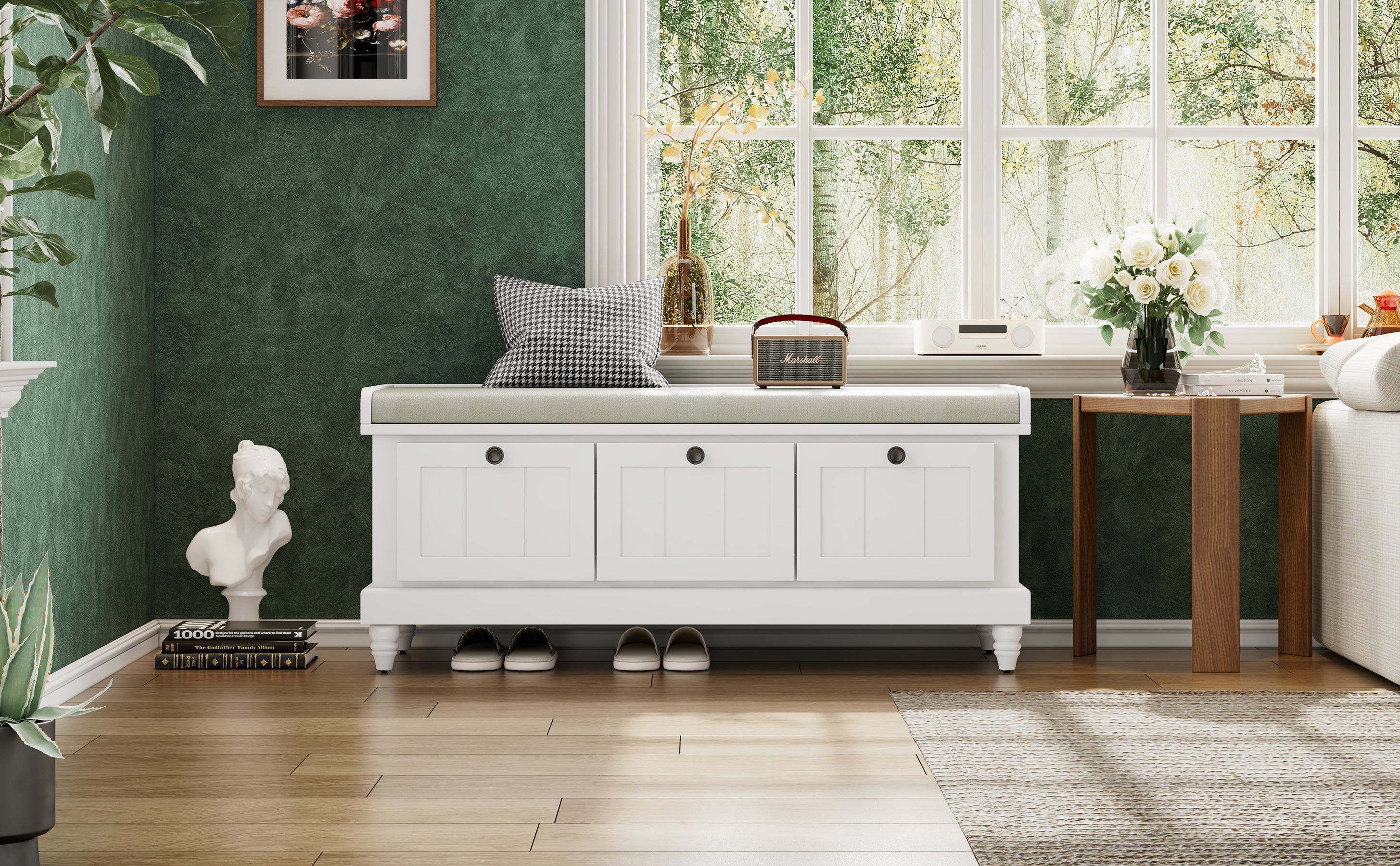 Entry Bench Fluted MDF White Cushioned Seat 3 Drawers 44x16x19 In 220 LB