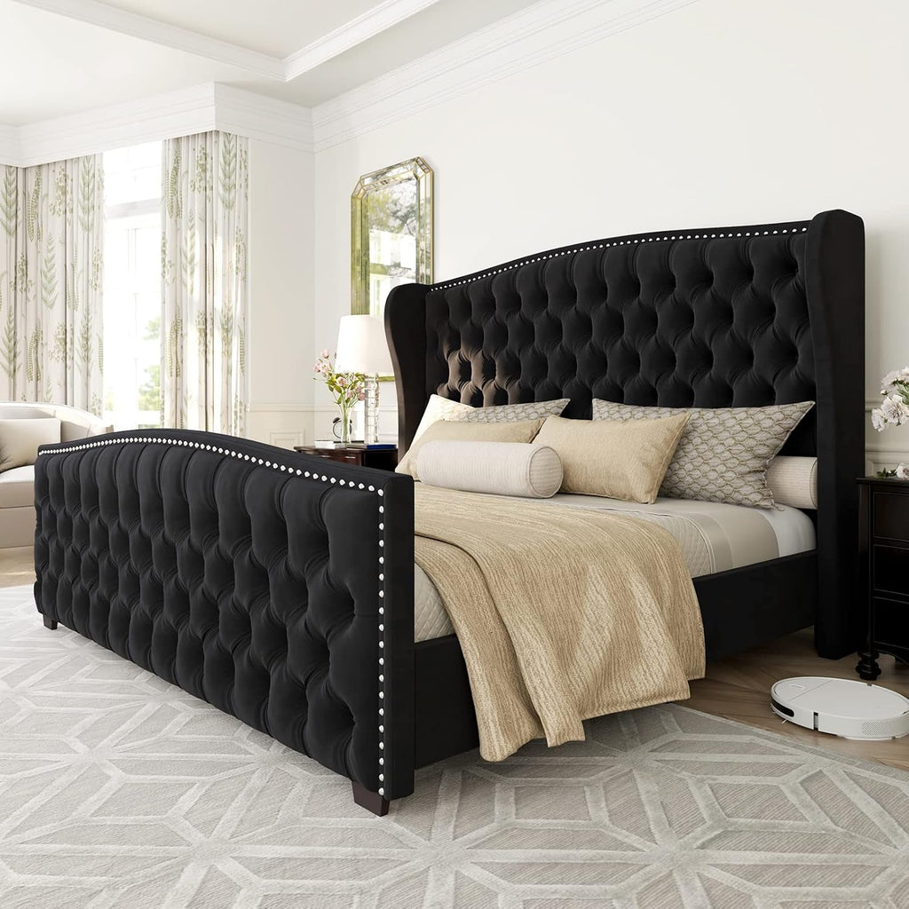 Queen Size Platform Bed Frame With Nailhead Trim Deluxe