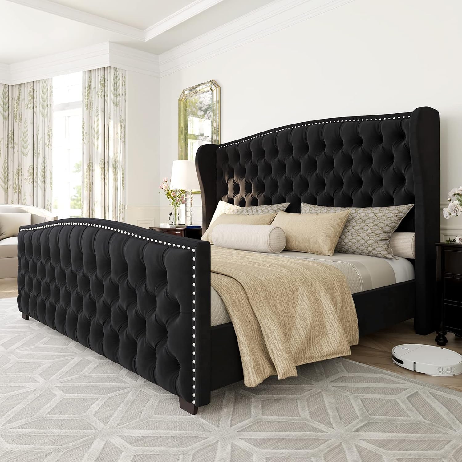 Queen Size Platform Bed Frame With Nailhead Trim Deluxe