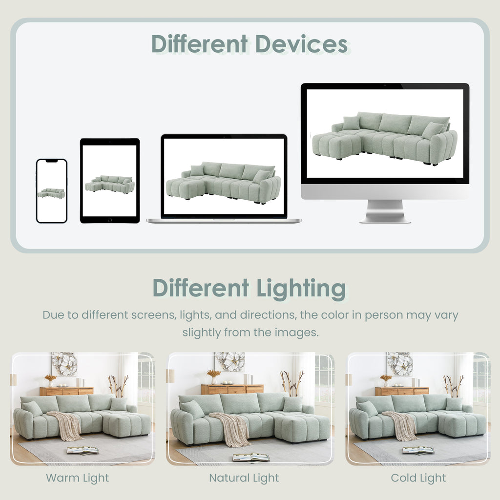 Sectional Sofa L-Shaped Boucle with Movable Ottoman Extra-Large Seat 3 Colors