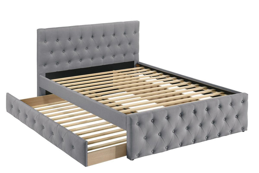 Contemporary Twin Size Bed w/ Trundle Slats Light Grey Burlap Upholstered Button Tufted Headboard Footboard Youth Bedroom Furniture wooden Slats 1pc Bed