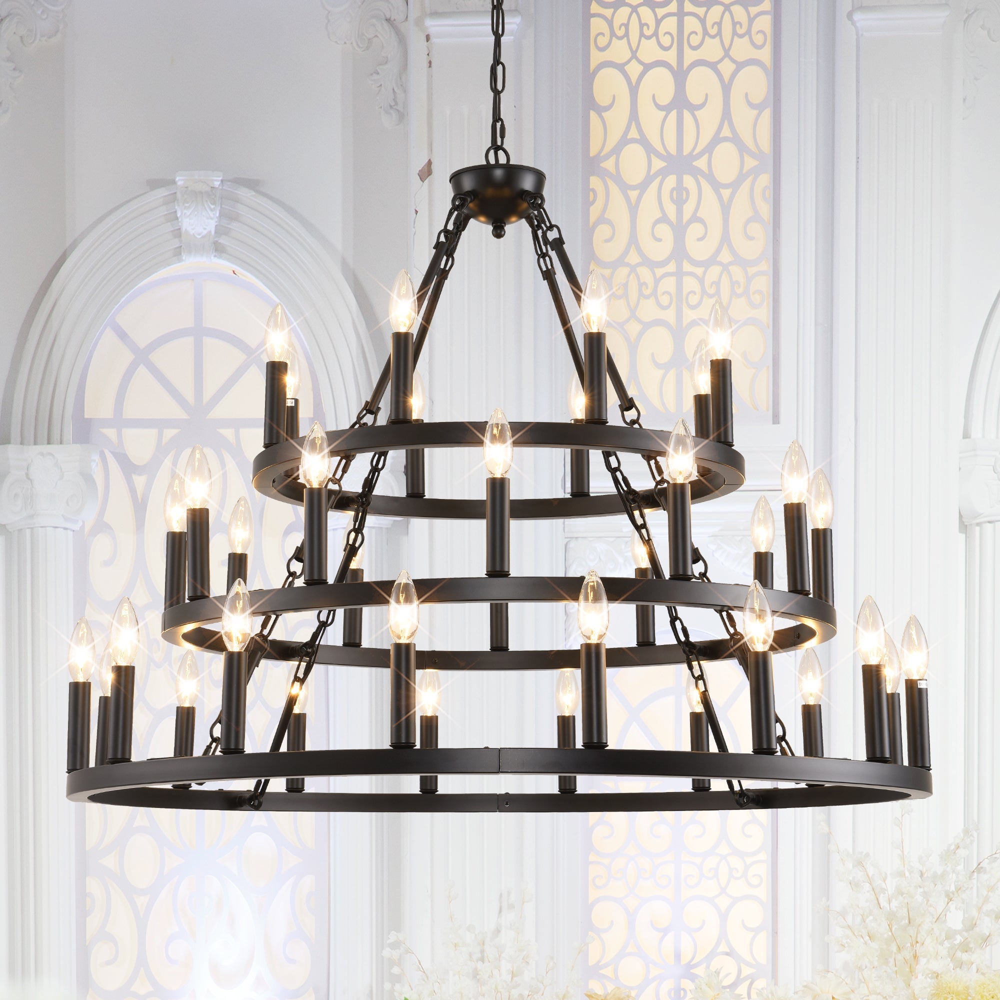 Chandelier Wagon Wheel 3-Tier 36-Light Black Metal 39.37 In Industrial