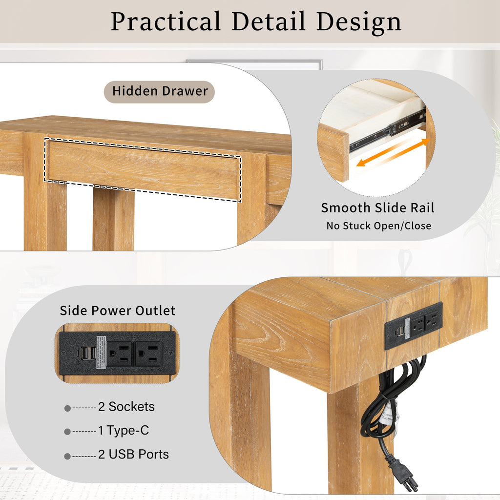 Rustic Console Table, Hidden Drawer, Side Power Outlet, Entryway Table, Natural