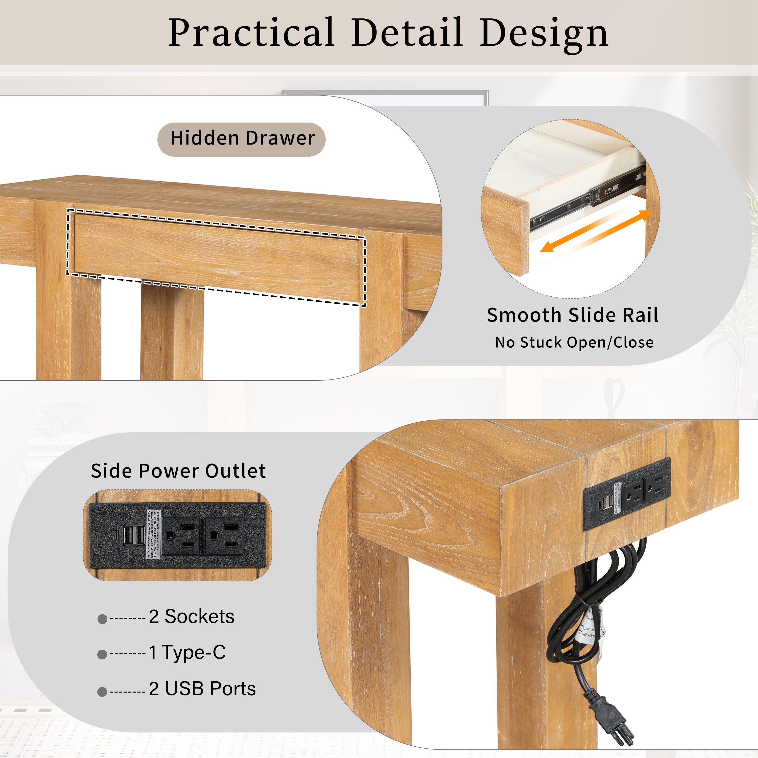 Rustic Console Table, Hidden Drawer, Side Power Outlet, Entryway Table, Natural