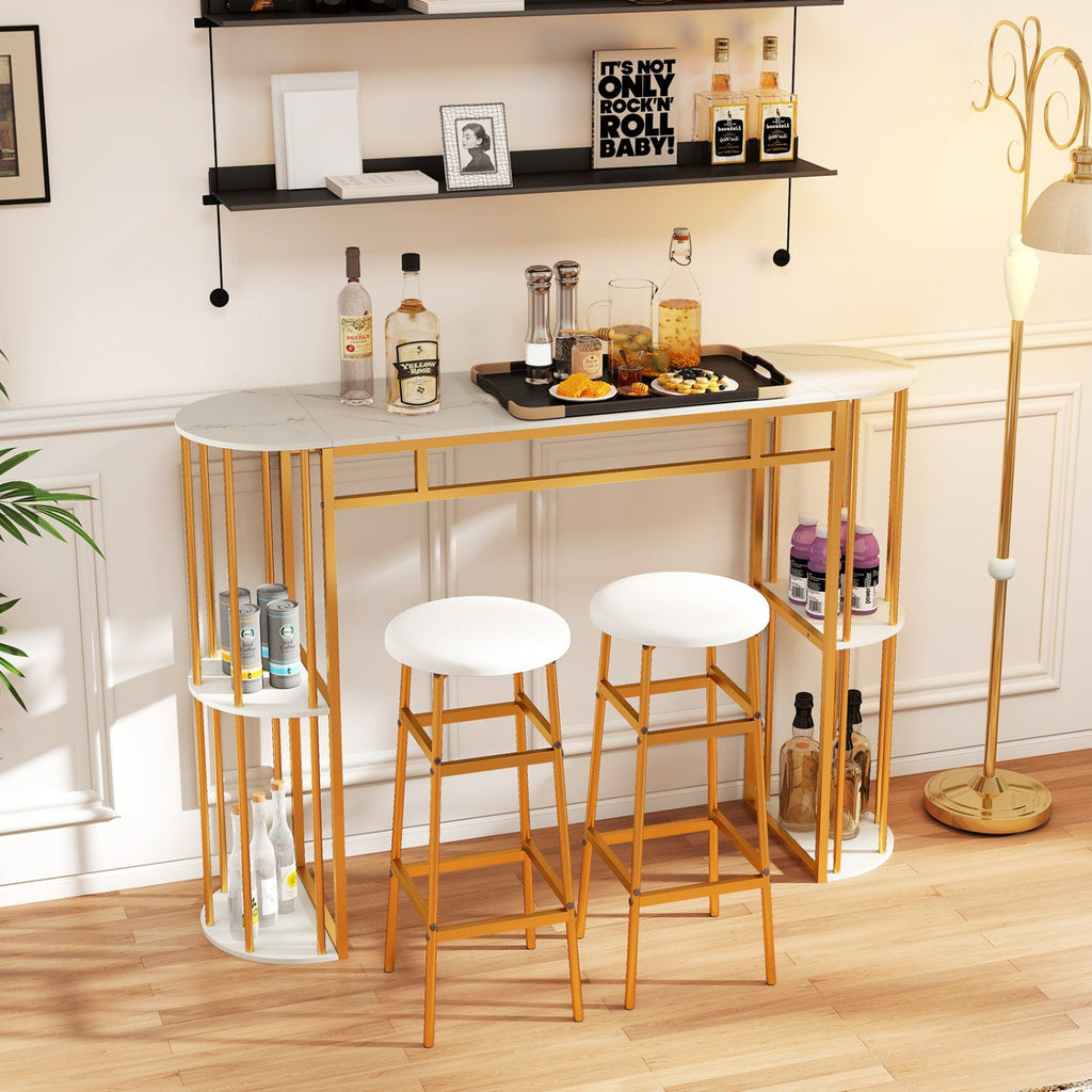 60 Inch Long Bar Table Narrow with Faux Marble Tabletop and Storage Shelves