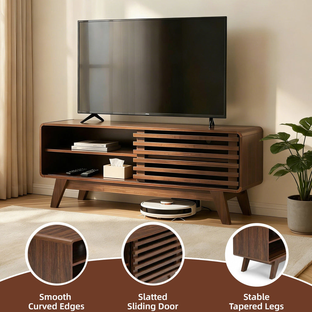 TV Stand Walnut MDF Slatted Sliding Door Fits 50 In TV Cable Management